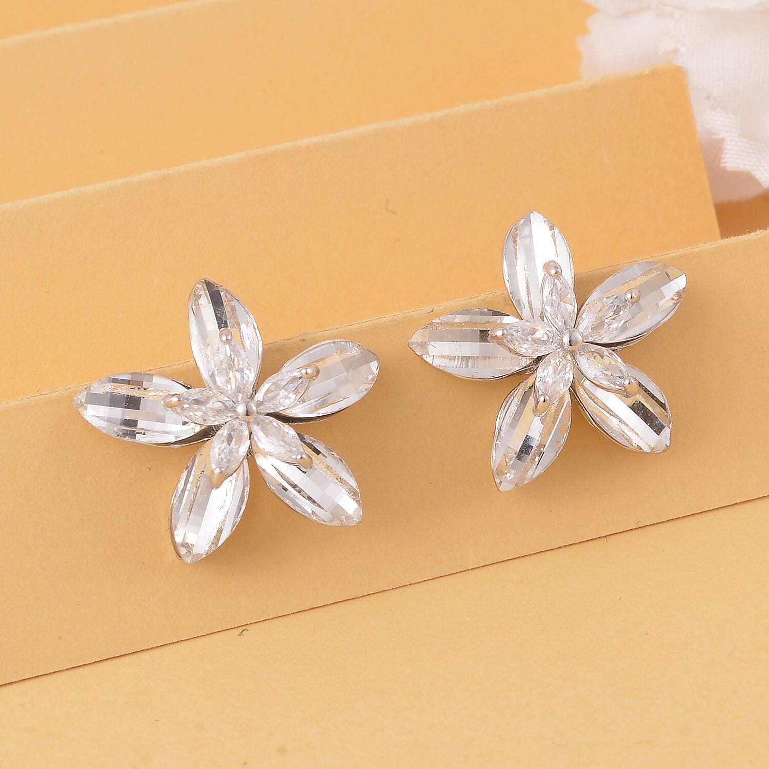 Simulated Diamond Floral Earrings (With Push Back) in Silver Tone 7272971 1