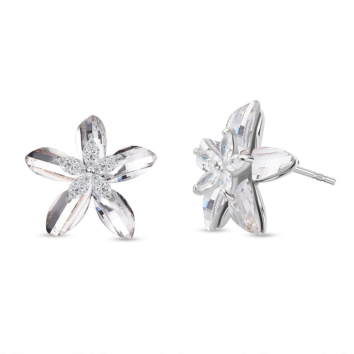 Simulated Diamond Floral Earrings (With Push Back) in Silver Tone 7272971 3