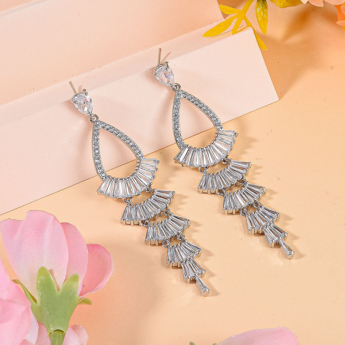 Cubic Zirconia Dangle Earrings in Silver Tone 7668216 2