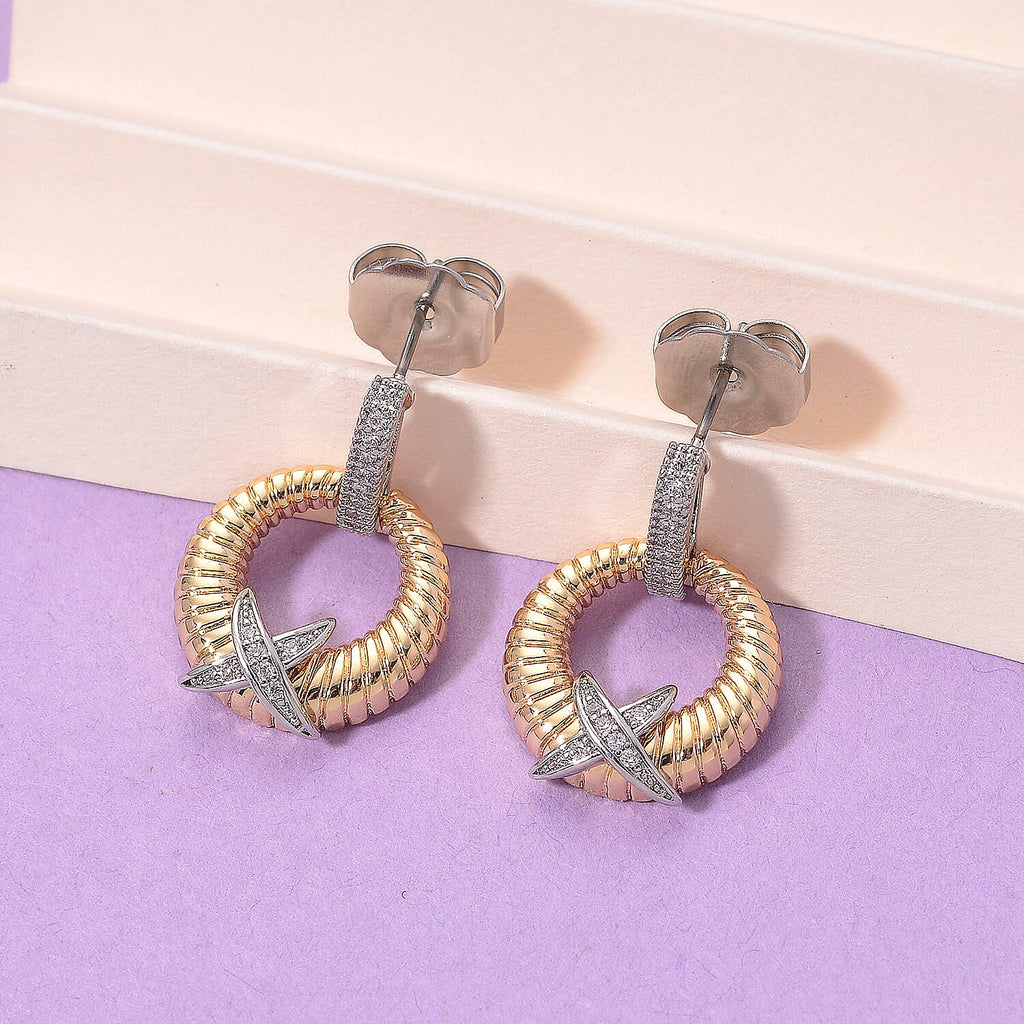 Designer Inspired- White Cubic Zirconia Earring with Push Back in White & Yellow Gold Tone