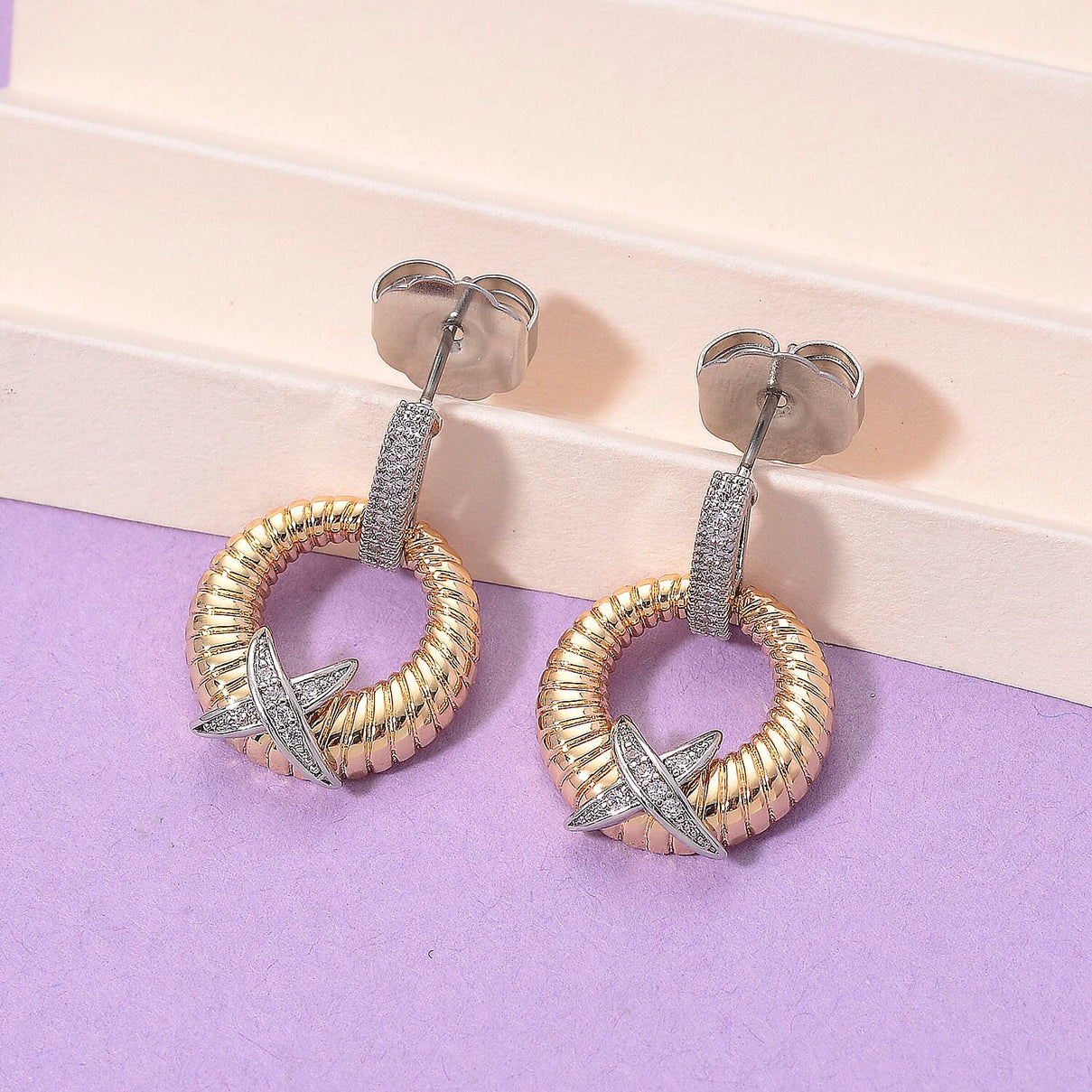 Designer Inspired- White Cubic Zirconia Earring with Push Back in White &amp; Yellow Gold Tone 8143386 2