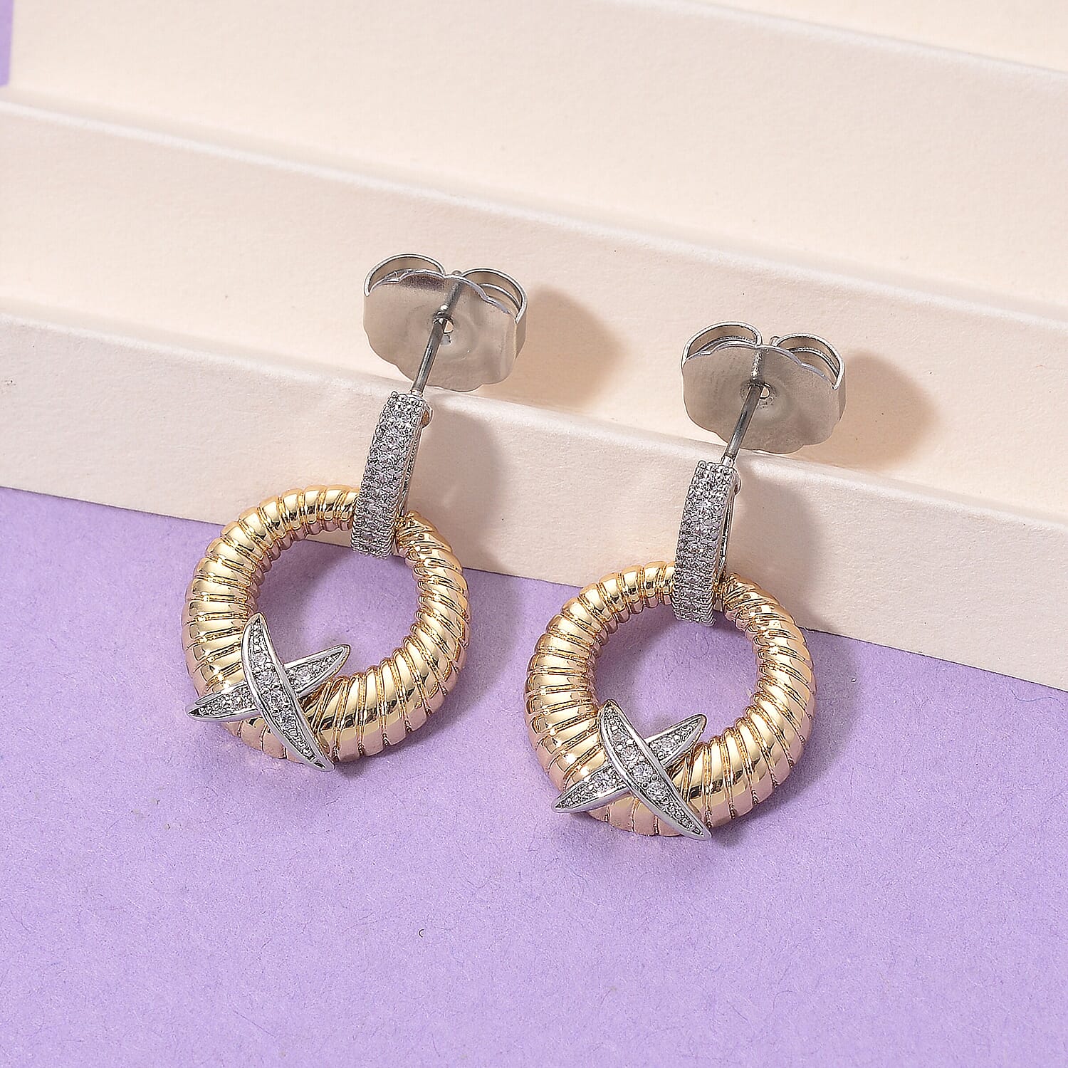 Designer Inspired- White Cubic Zirconia Earring with Push Back in White &amp; Yellow Gold Tone 8143386 2