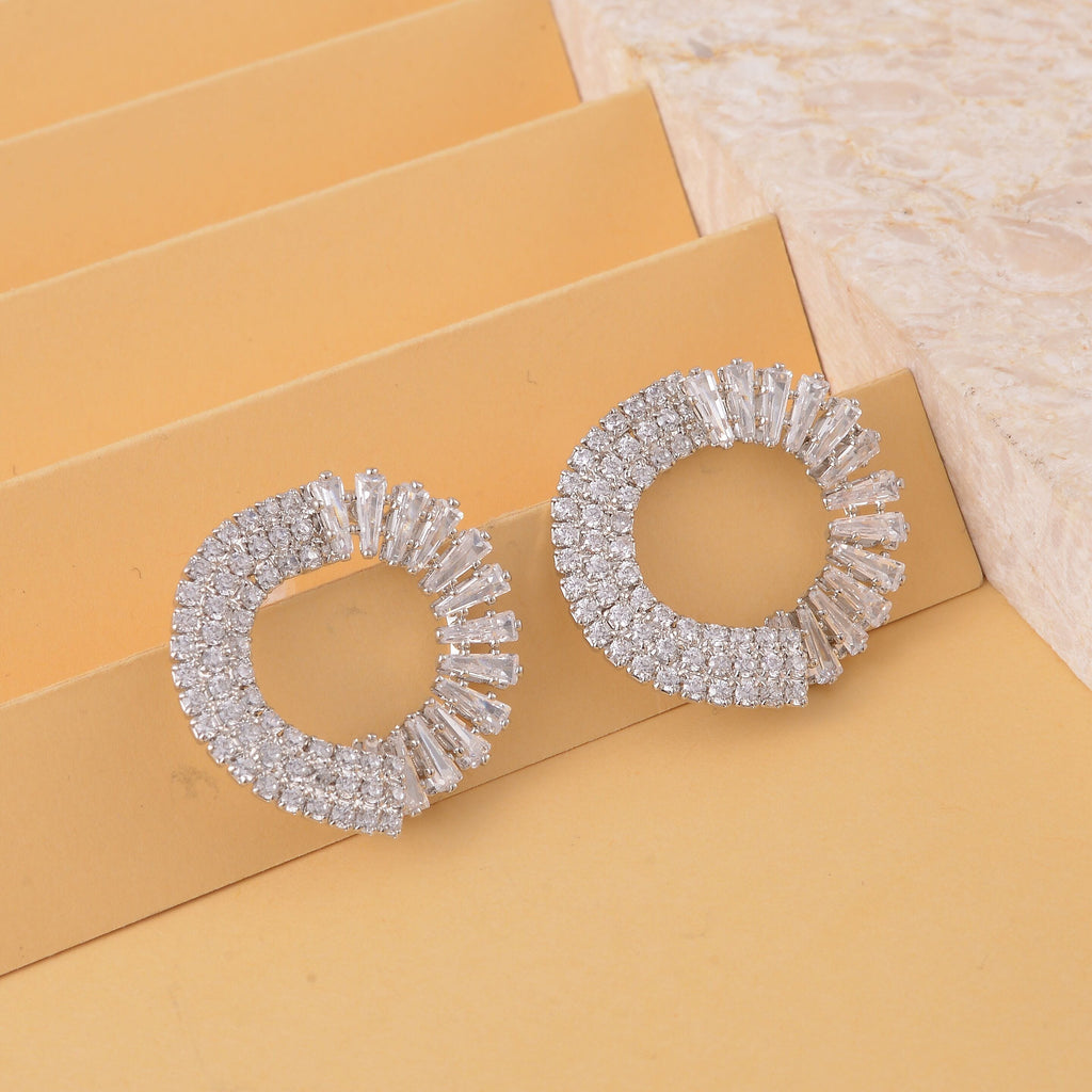 Simulated Diamond Earrings (With Push Back) in Silver Tone