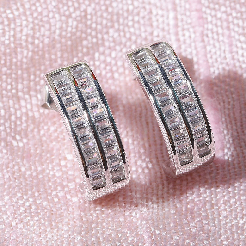 NY Closeout- Cubic Zirconia Half Hoop Earrings in Rhodium Overlay Sterling Silver
