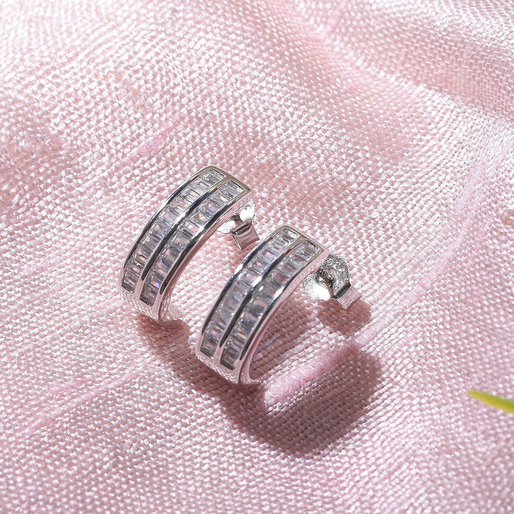 Cubic Zirconia Half- Hoop Earrings in Rhodium Overlay Sterling Silver