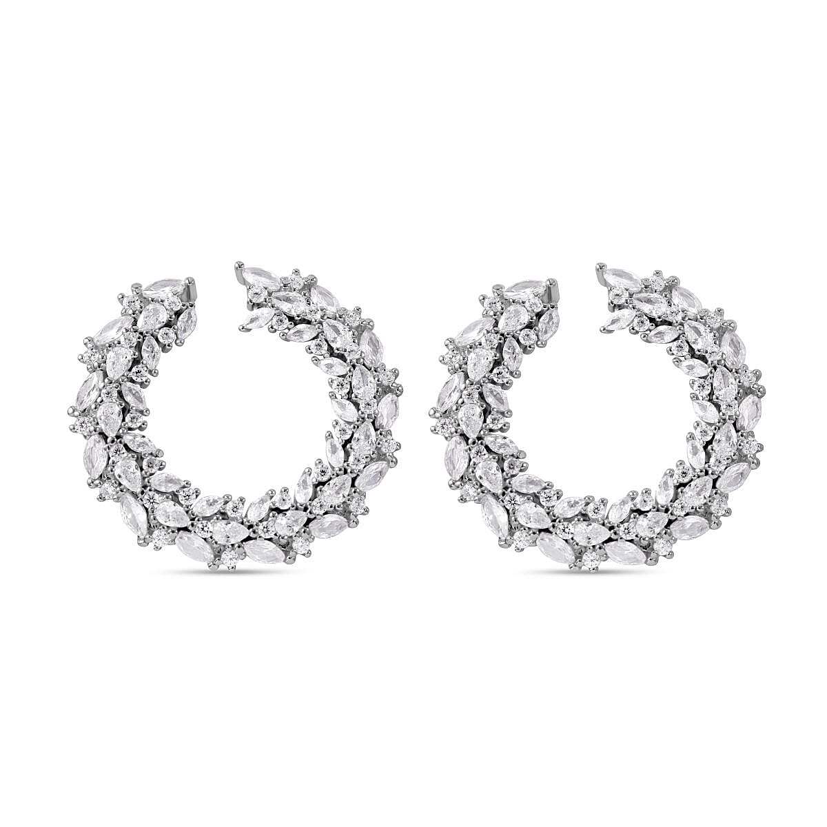 Lustro Stella - Cubic Zirconia Hoop Earrings in Rhodium Overlay Sterling Silver, Silver Wt 6.80 Gms. V32638978 0