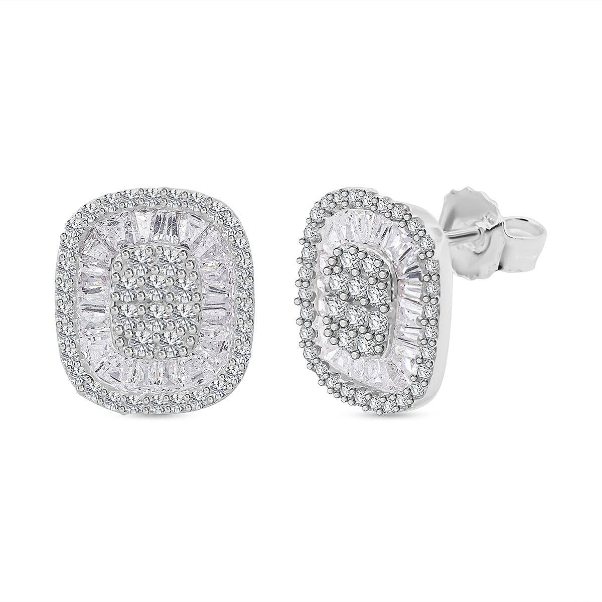 Cubic Zirconia Cluster Earrings With Push Back in Rhodium Overlay Sterling Silver 7682233 0
