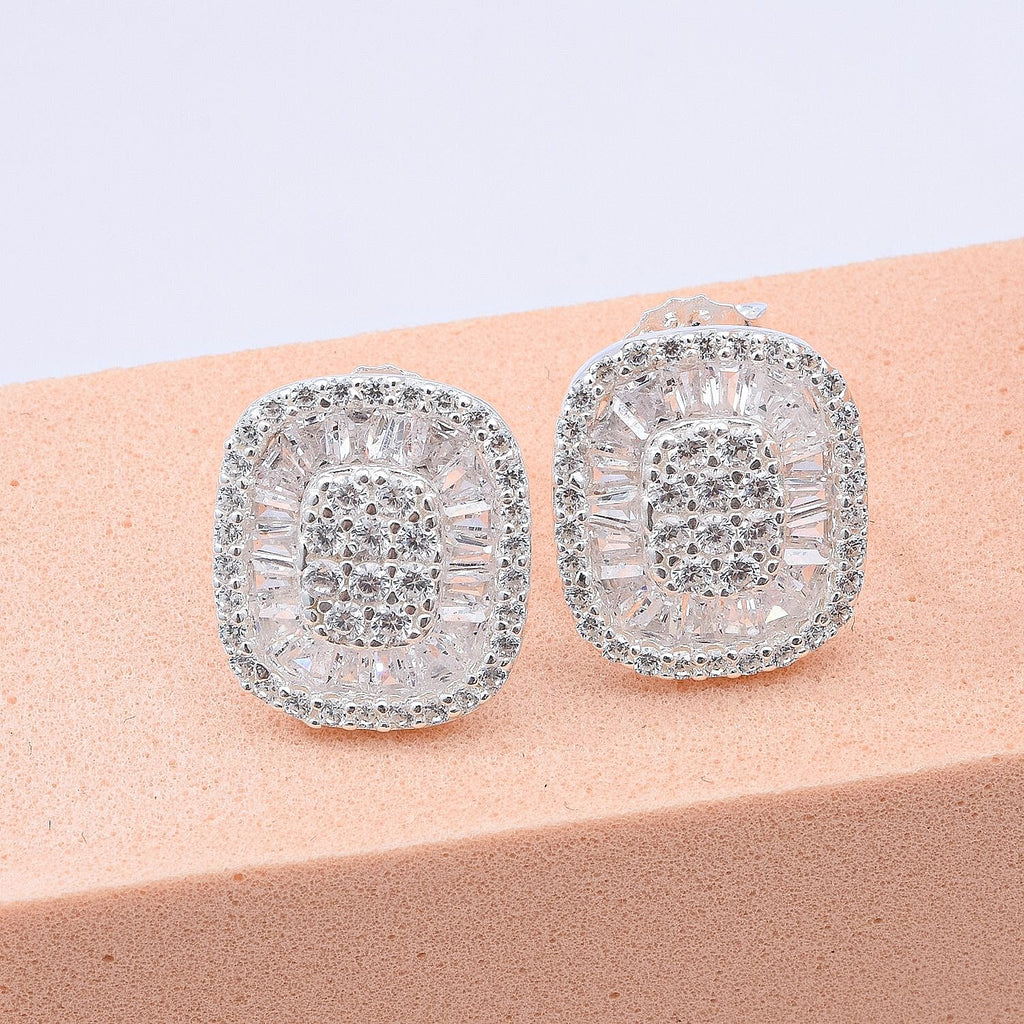 Cubic Zirconia Cluster Earrings With Push Back in Rhodium Overlay Sterling Silver