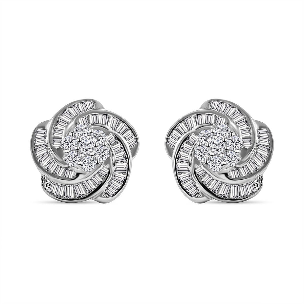 Cubic Zirconia Floral Stud Earrings in Rhodium Overlay Sterling Silver 7681916 0