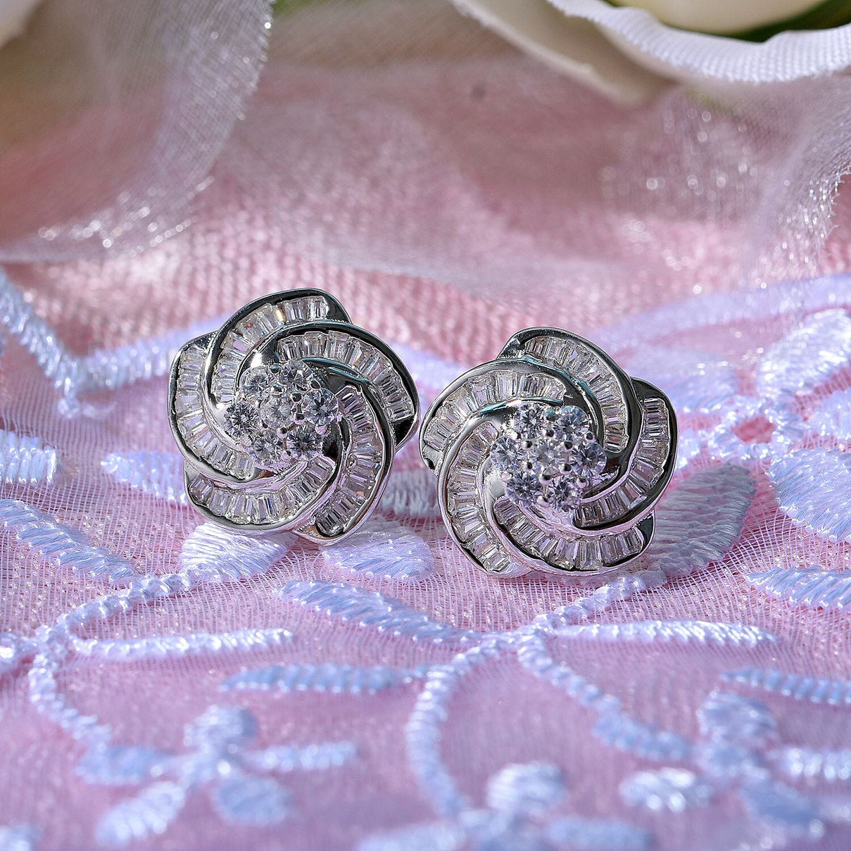 Cubic Zirconia Floral Stud Earrings in Rhodium Overlay Sterling Silver 7681916 2