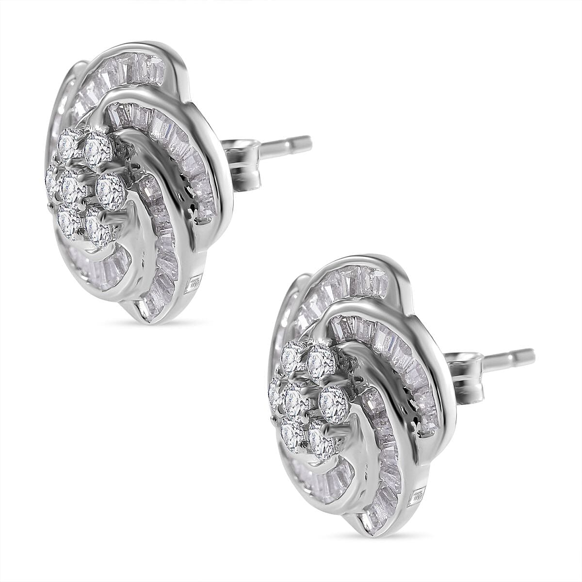 Cubic Zirconia Floral Stud Earrings in Rhodium Overlay Sterling Silver 7681916 3