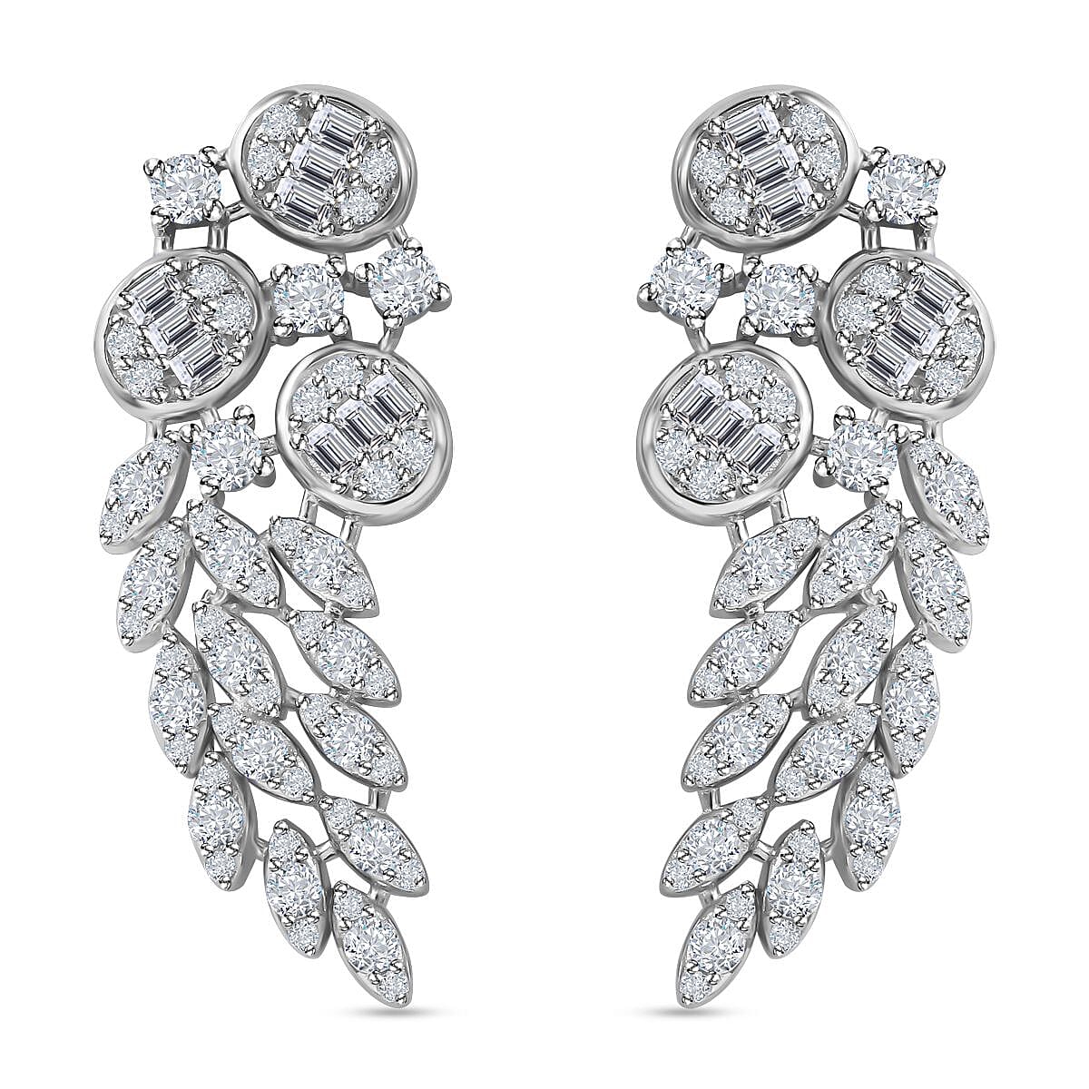 White Cubic Zirconia Earrings in Rhodium Overlay Sterling Silver 4.42 ct, Silver Wt. 7.56 Gms 4.420 Ct. 7727065 0