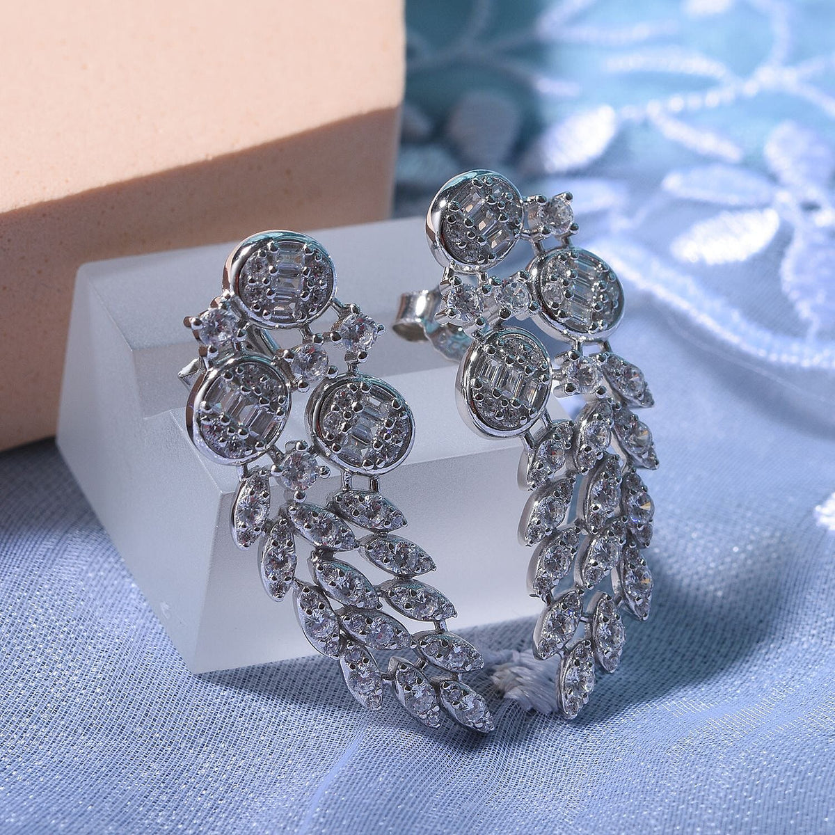 White Cubic Zirconia Earrings in Rhodium Overlay Sterling Silver 4.42 ct, Silver Wt. 7.56 Gms 4.420 Ct. 7727065 1