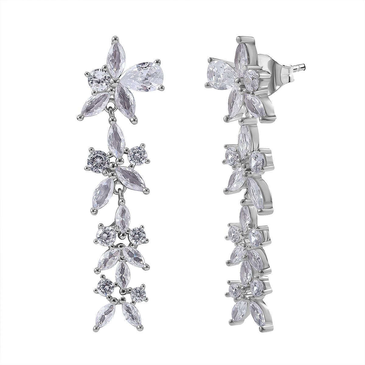 NY Closeout - Zirconia Floral Dangle Earrings in Rhodium Overlay Sterling Silver 7681982 0