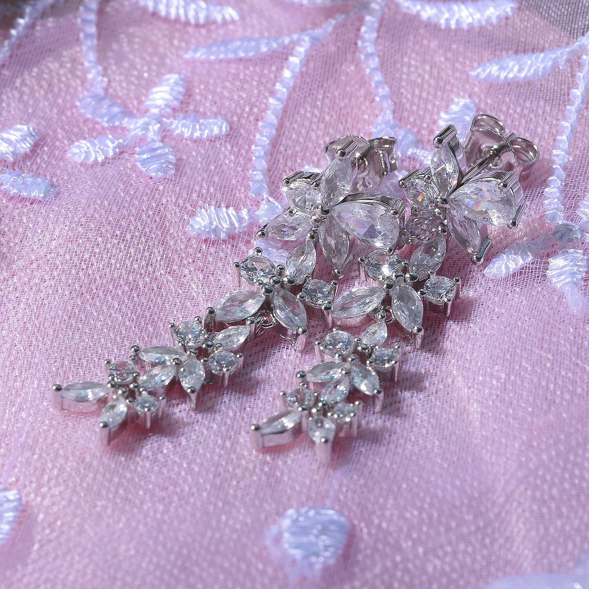 NY Closeout - Zirconia Floral Dangle Earrings in Rhodium Overlay Sterling Silver 7681982 2