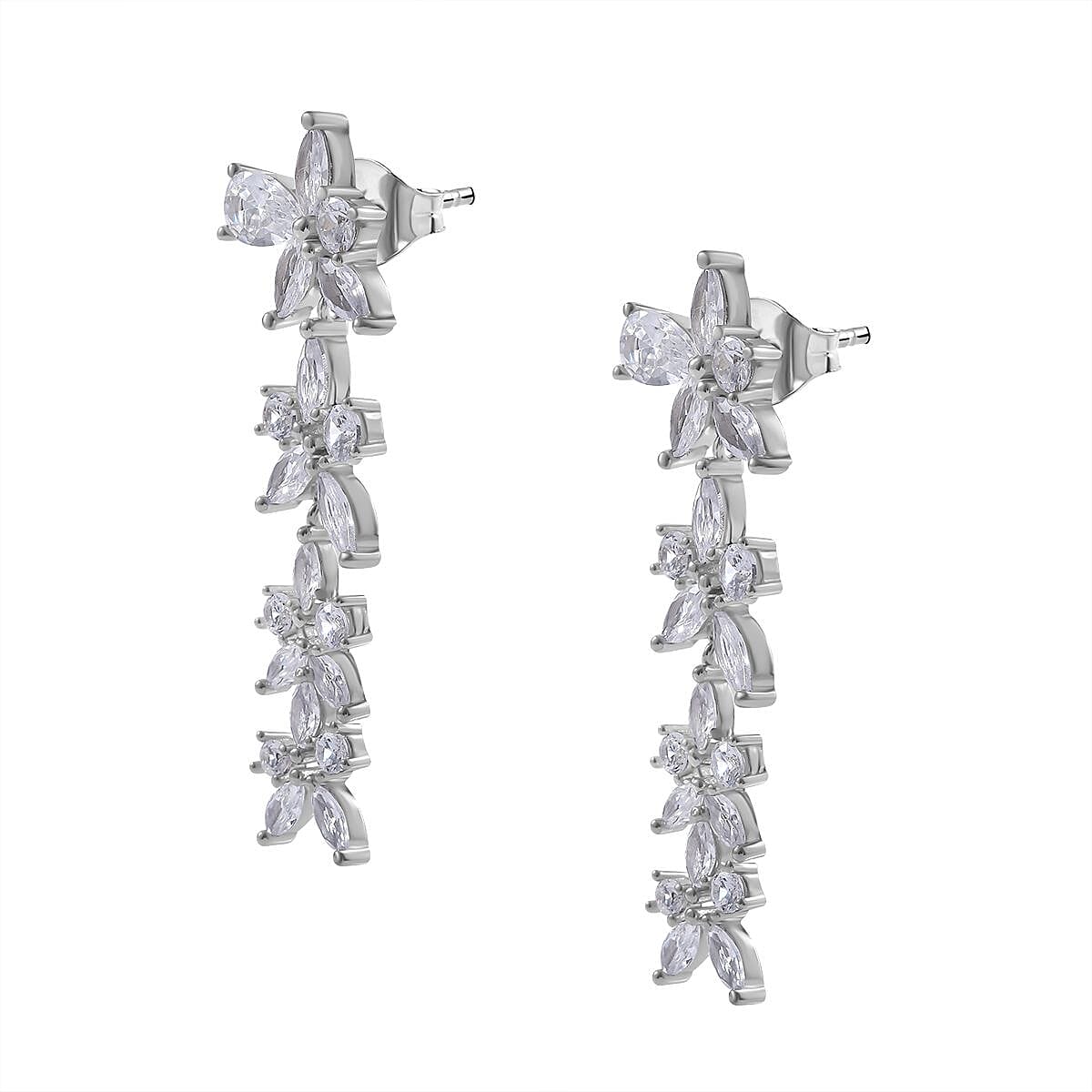 NY Closeout - Zirconia Floral Dangle Earrings in Rhodium Overlay Sterling Silver 7681982 4