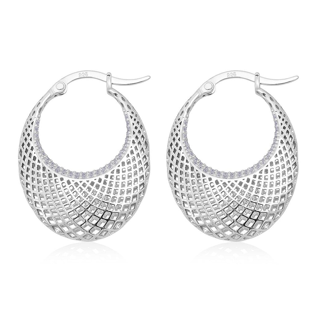 White Cubic Zirconia Earring with Clasp in Rhodium Overlay Sterling Silver, Silver Wt. 6.11 Gms.