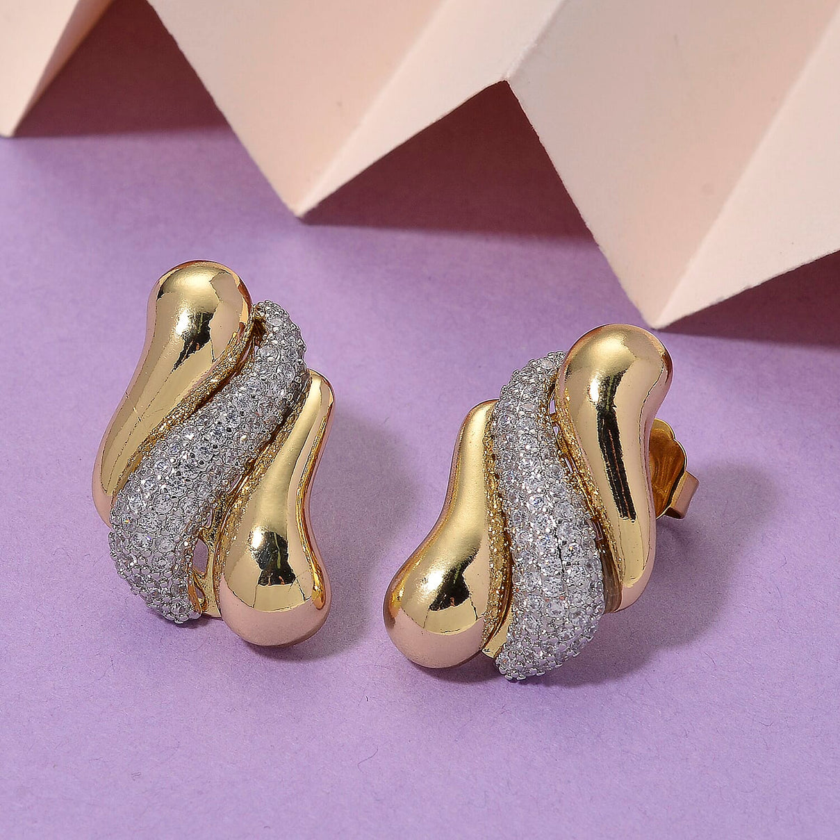 White Cubic Zirconia Two Tone Stud Push Back Earrings 8212603 1