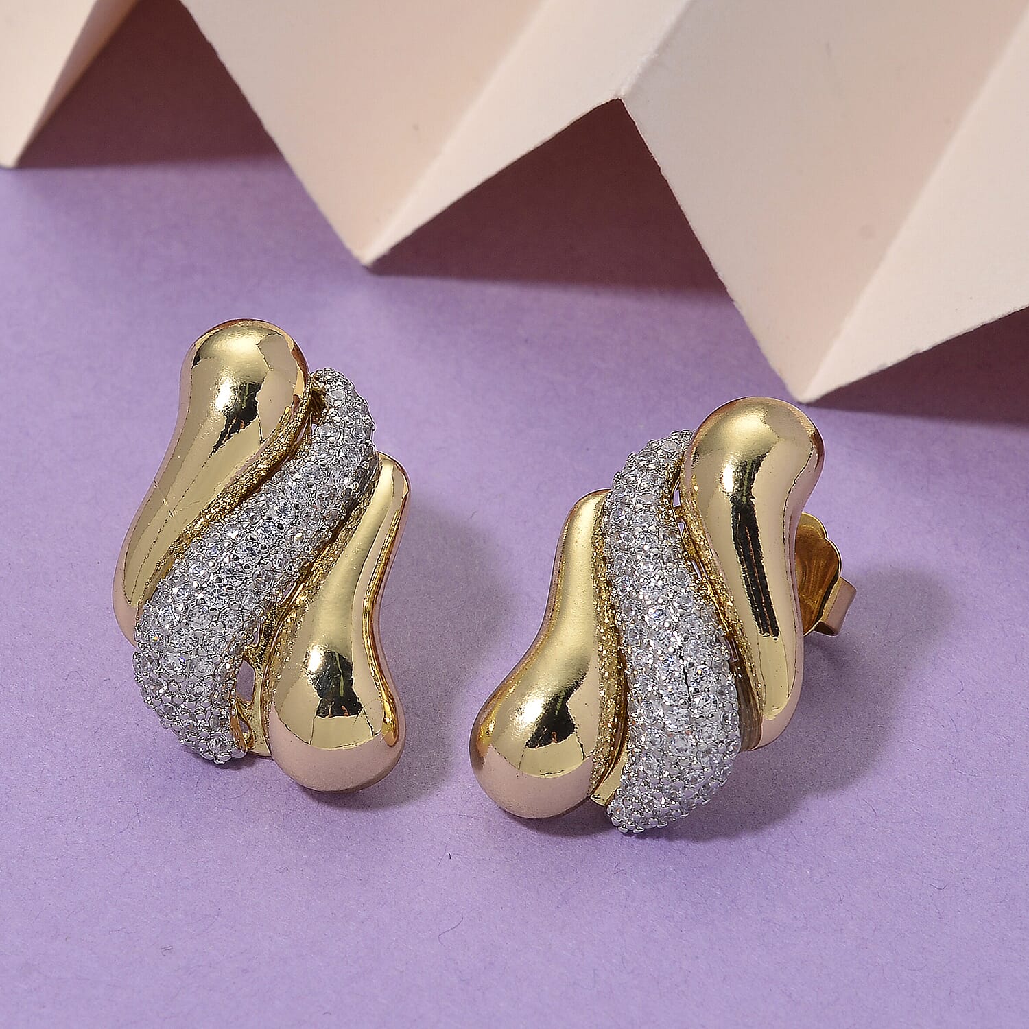 White Cubic Zirconia Two Tone Stud Push Back Earrings 8212603 1