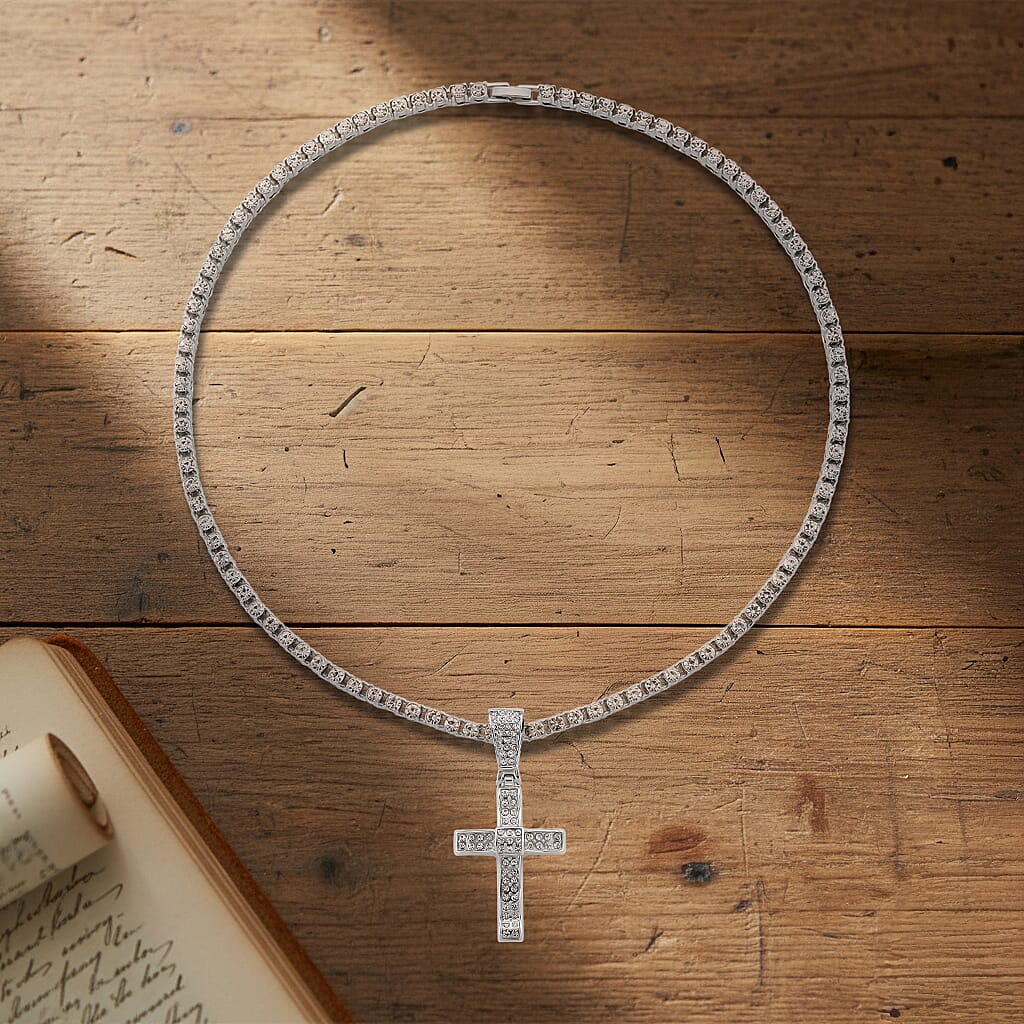 White Cubic Zirconia Cross Pendant with Chain (Size - 20) 20.00 Ct. V32516742 2