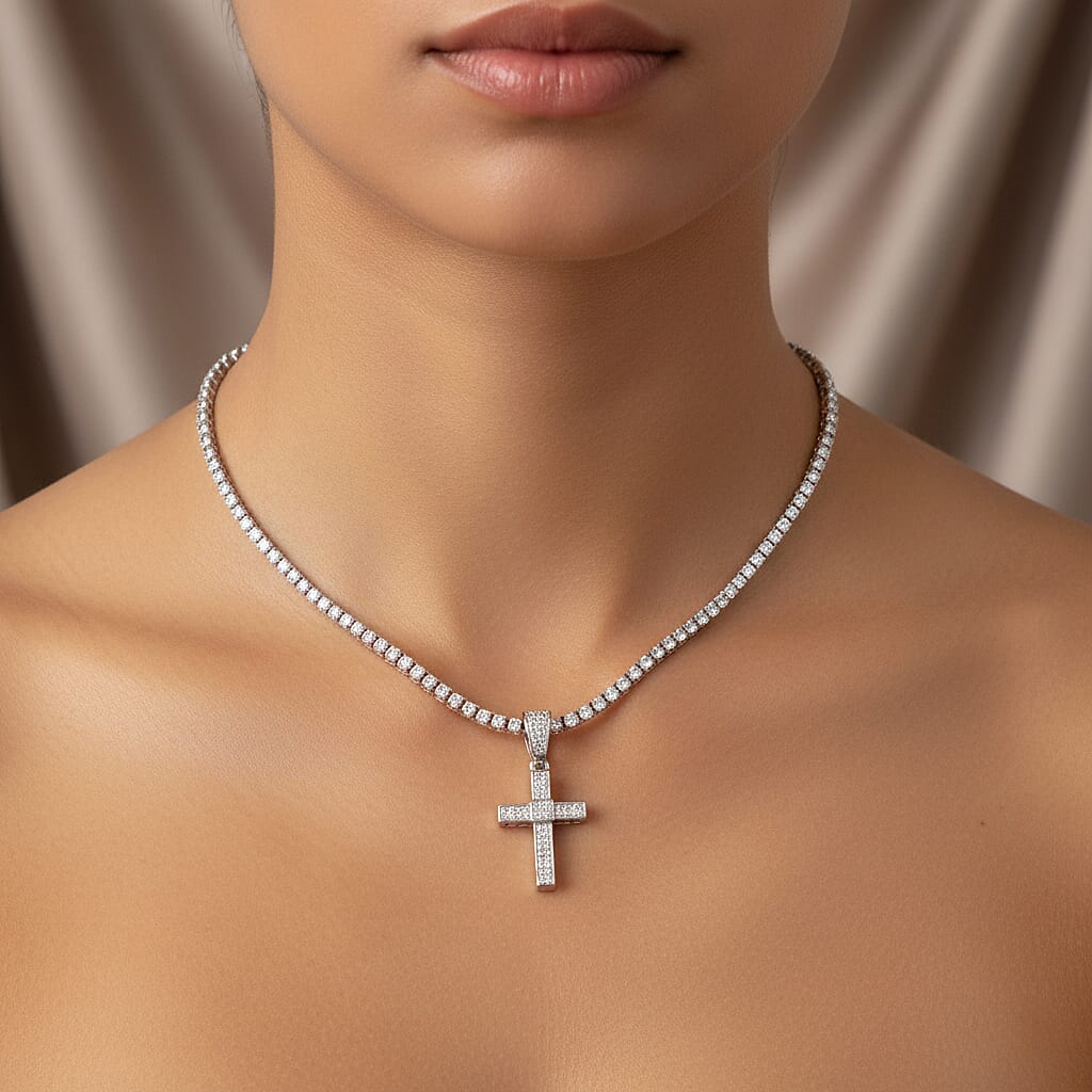 White Cubic Zirconia Cross Pendant with Chain (Size - 20) 20.00 Ct. V32516742 3
