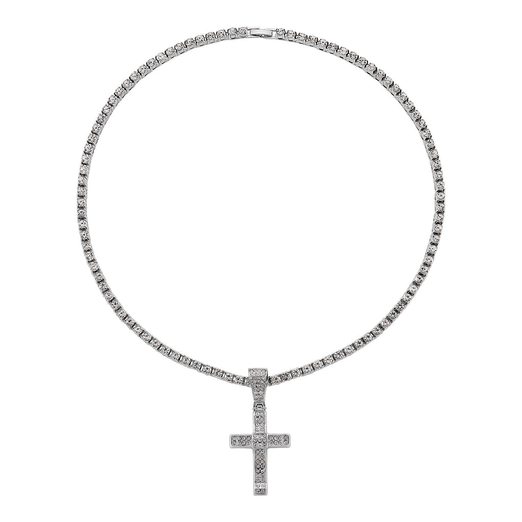 White Cubic Zirconia Cross Pendant with Chain (Size - 20) 20.00 Ct.