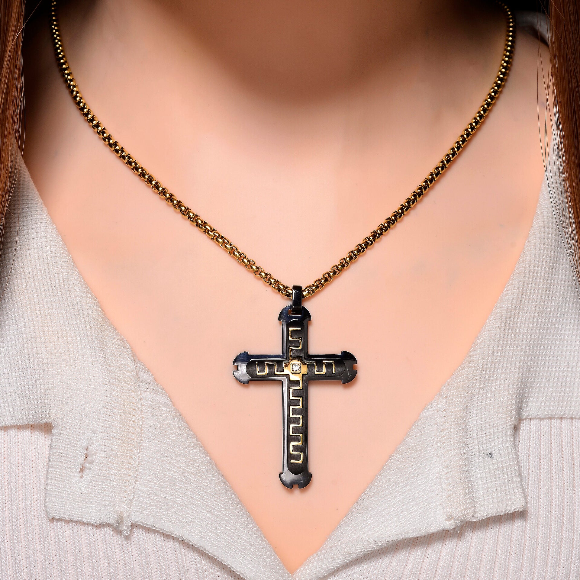 White Cubic Zirconia Cross Necklace (Size - 24 - 2 Ext) in Dual Colour Tone 8250021 4