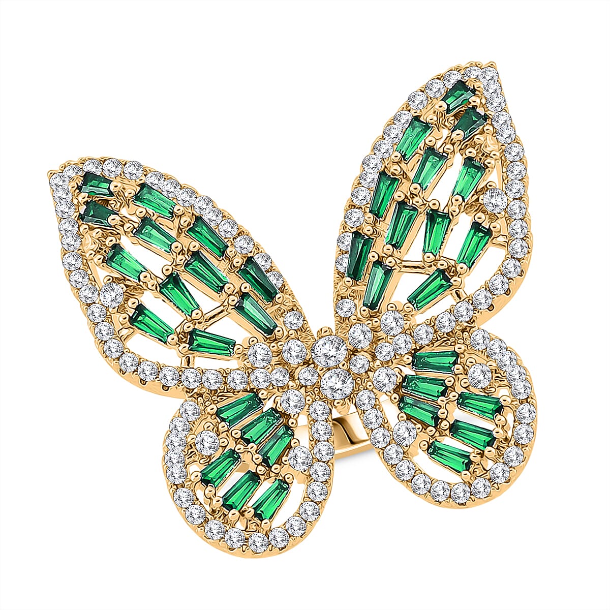 White Cubic Zirconia &amp; Green Crystal Butterfly Adjustable Ring in Yellow Gold Tone V32514558 0