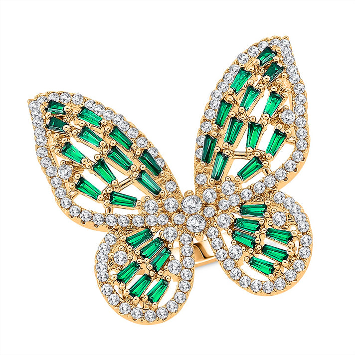 White Cubic Zirconia &amp; Green Crystal Butterfly Adjustable Ring in Yellow Gold Tone 8282398 1