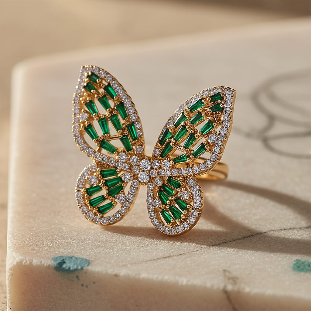 White Cubic Zirconia &amp; Green Crystal Butterfly Adjustable Ring in Yellow Gold Tone V32514558 2