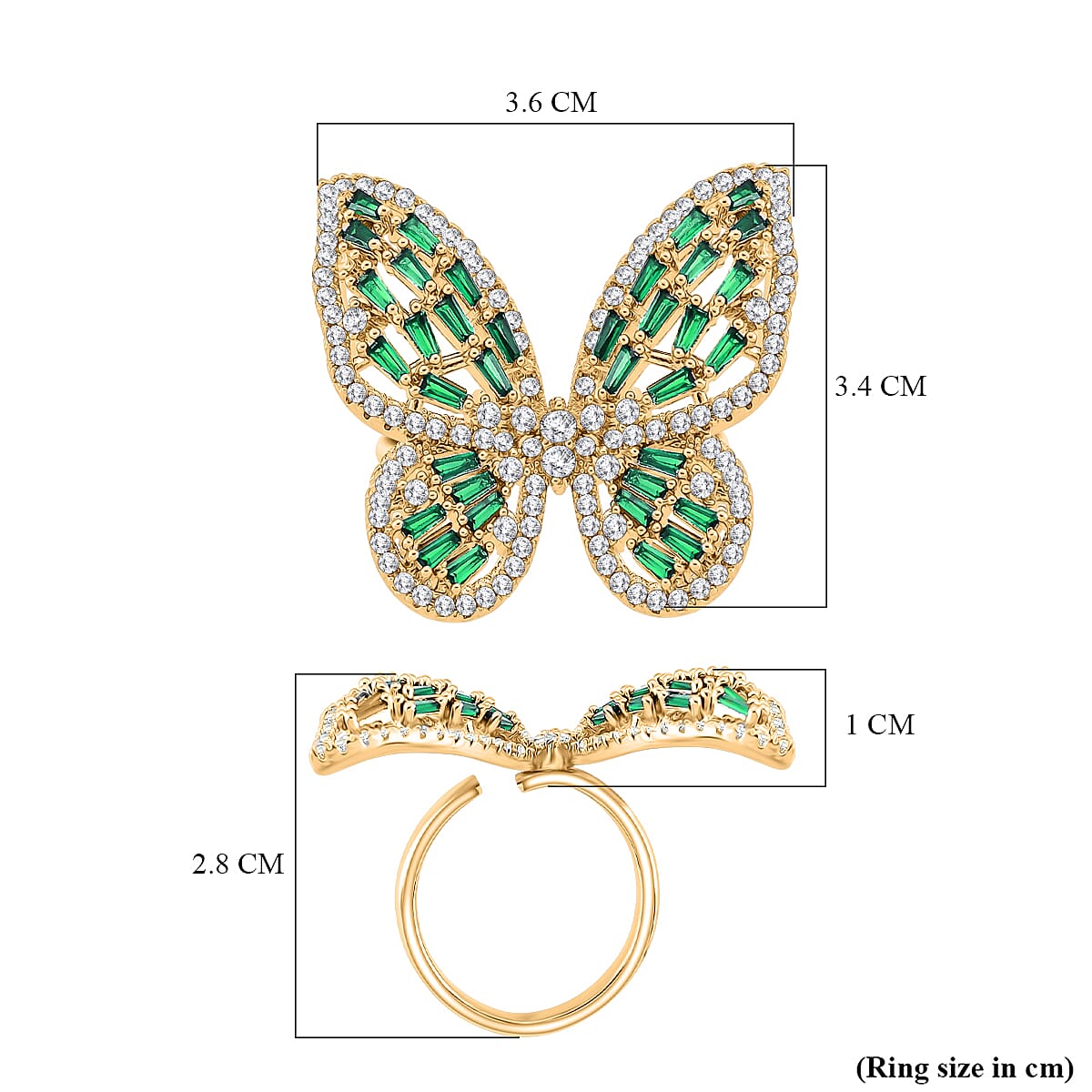 White Cubic Zirconia &amp; Green Crystal Butterfly Adjustable Ring in Yellow Gold Tone V32514558 6