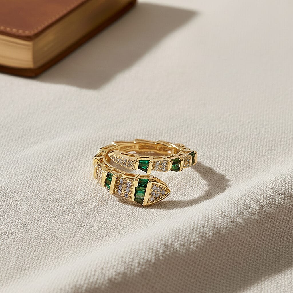 White Cubic Zirconia &amp; Green Crystal Serpentine Ring (Adjustable) 8282477 2