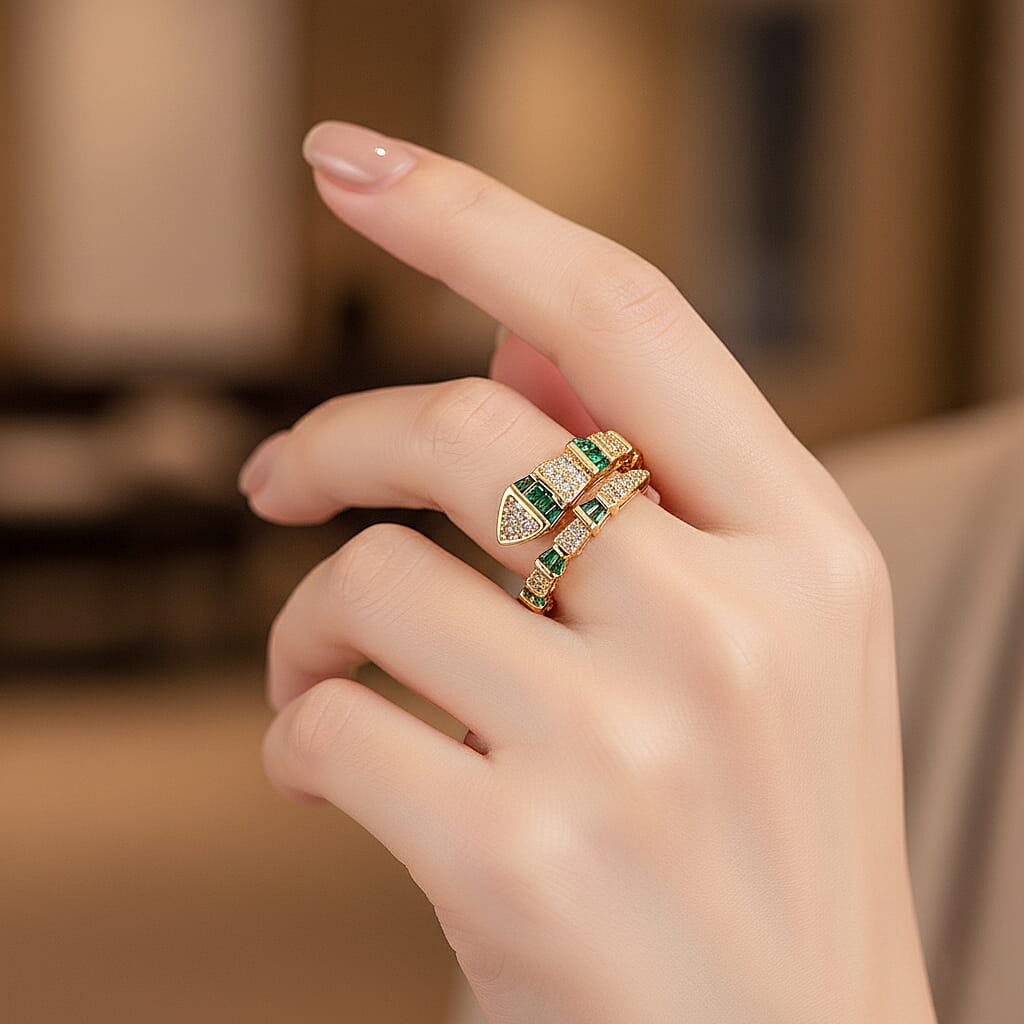 White Cubic Zirconia &amp; Green Crystal Serpentine Ring (Adjustable) 8282477 3