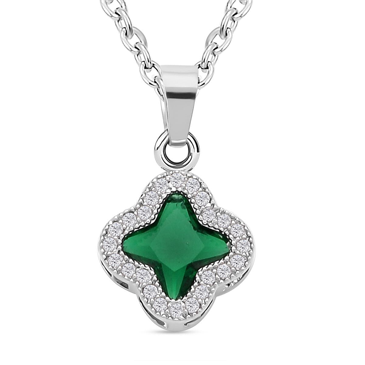 Simulated Diamond and Simulated Green Sapphire Pendant with Chain (Size 19 With 2 Inch Extender) in Silver Tone 4122226 0