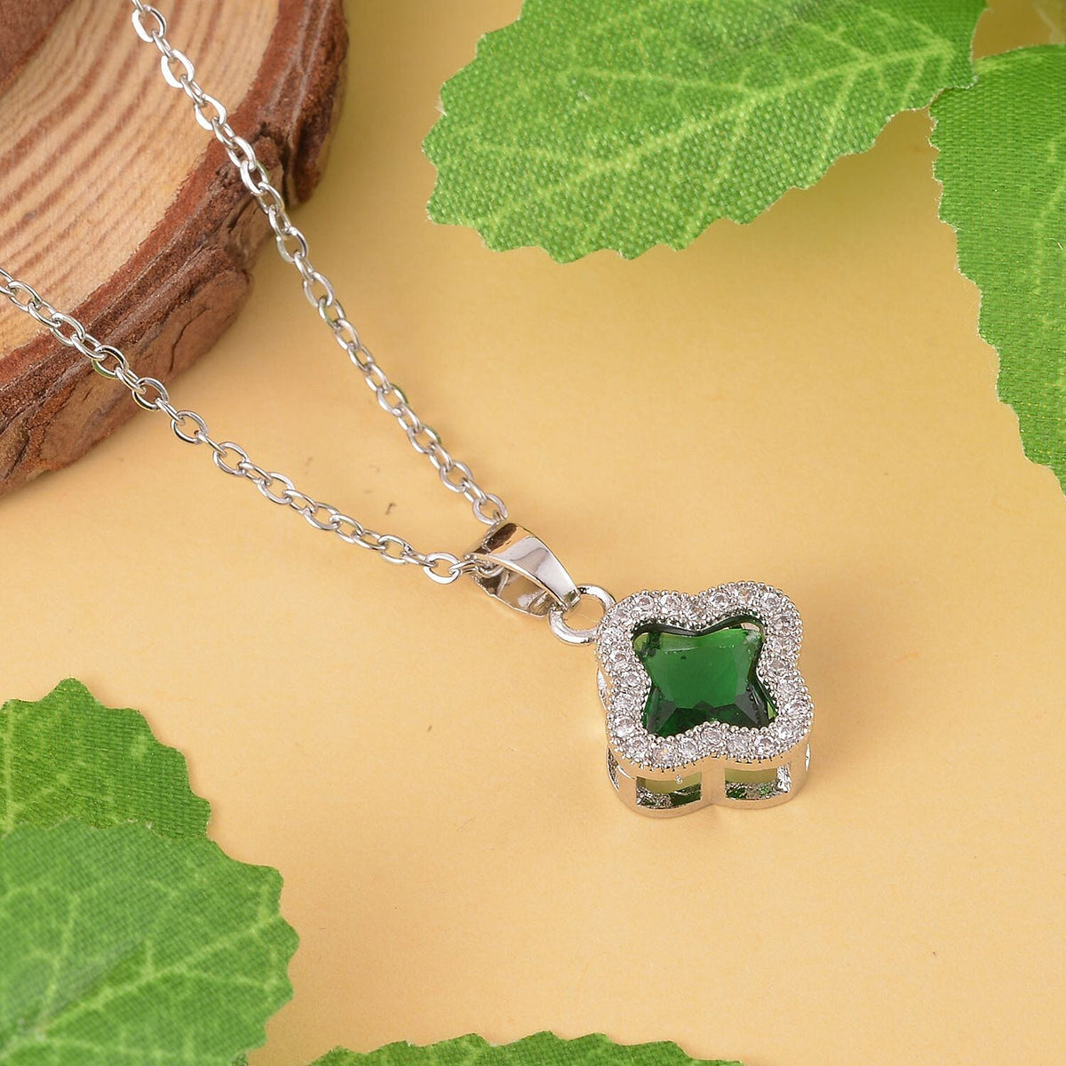 Simulated Diamond and Simulated Green Sapphire Pendant with Chain (Size 19 With 2 Inch Extender) in Silver Tone 4122226 2