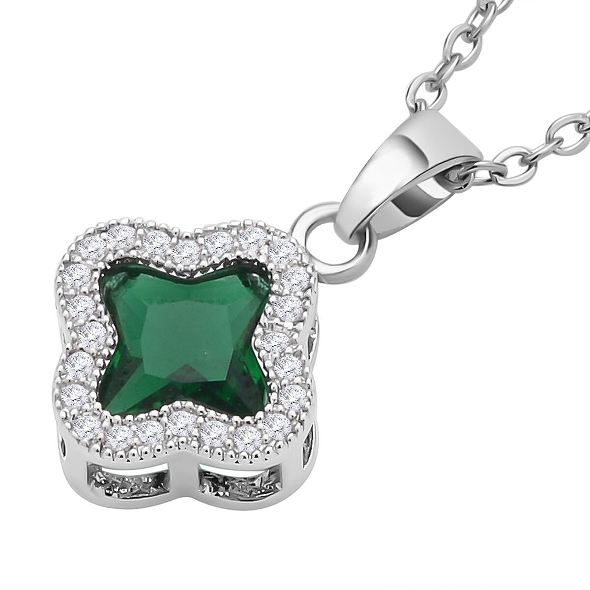 Simulated Diamond and Simulated Green Sapphire Pendant with Chain (Size 19 With 2 Inch Extender) in Silver Tone 4122226 3