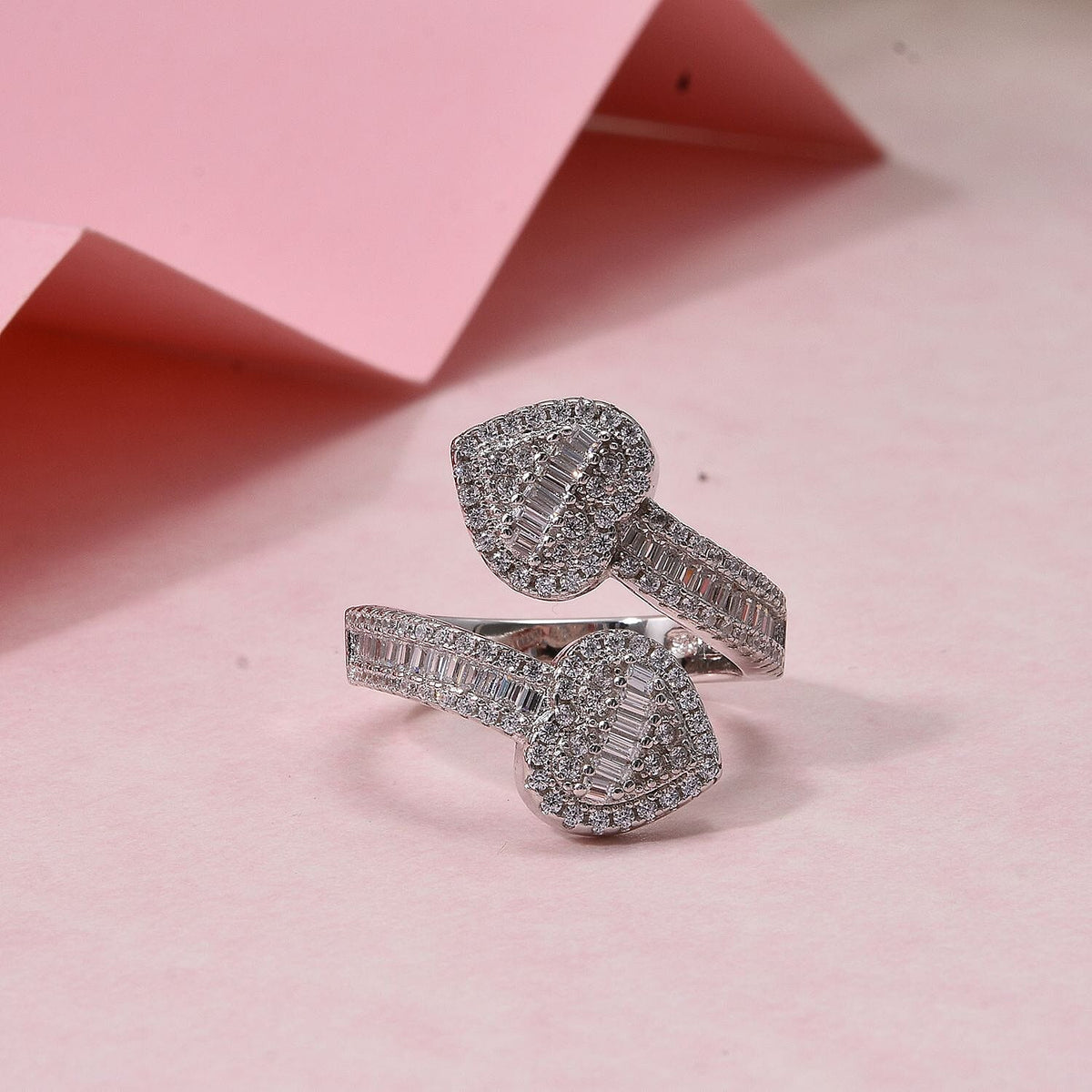 White Cubic Zirconia Heart Cuff Ring in Rhodium Overlay Sterling Silver 1.82 ct. 7949278 2