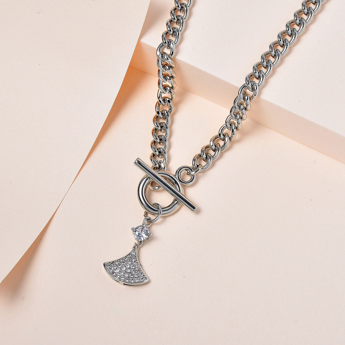 White Cubic Zirconia Triangle Necklace (Size - 20) with T - Bar Clasp in Silver Tone 7606838 2