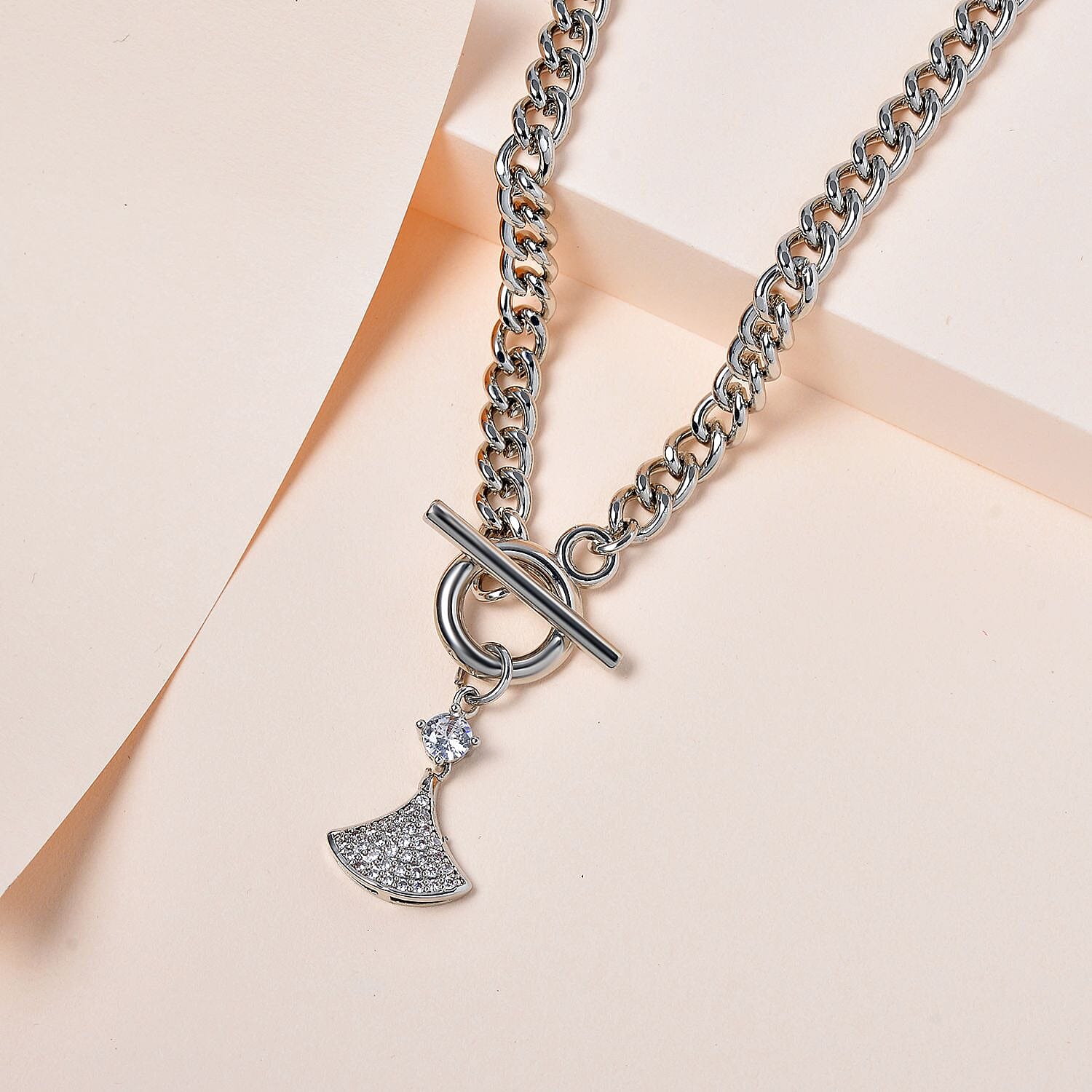 White Cubic Zirconia Triangle Necklace (Size - 20) with T - Bar Clasp in Silver Tone 7606838 2