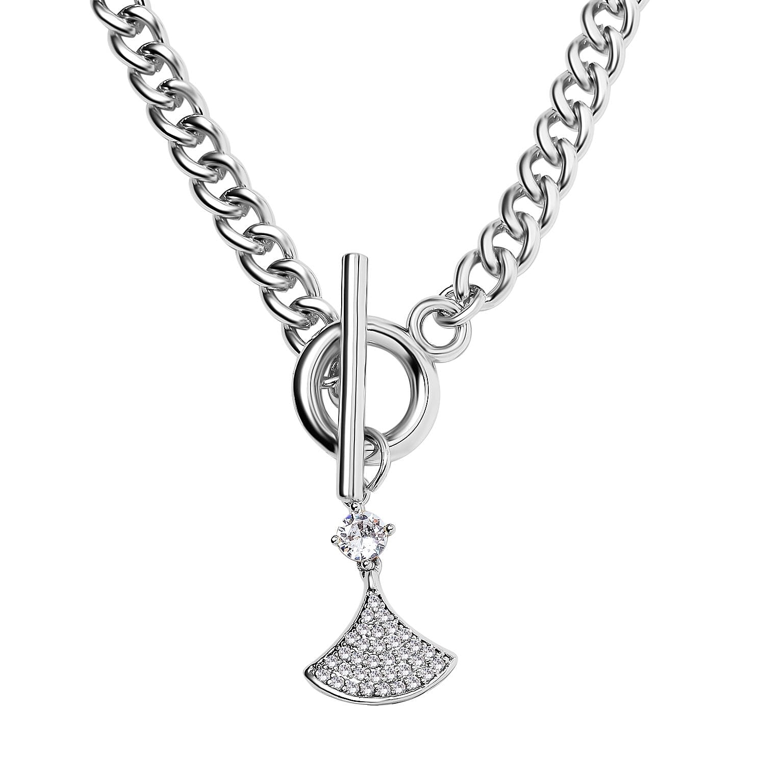 White Cubic Zirconia Triangle Necklace (Size - 20) with T - Bar Clasp in Silver Tone 7606838 3
