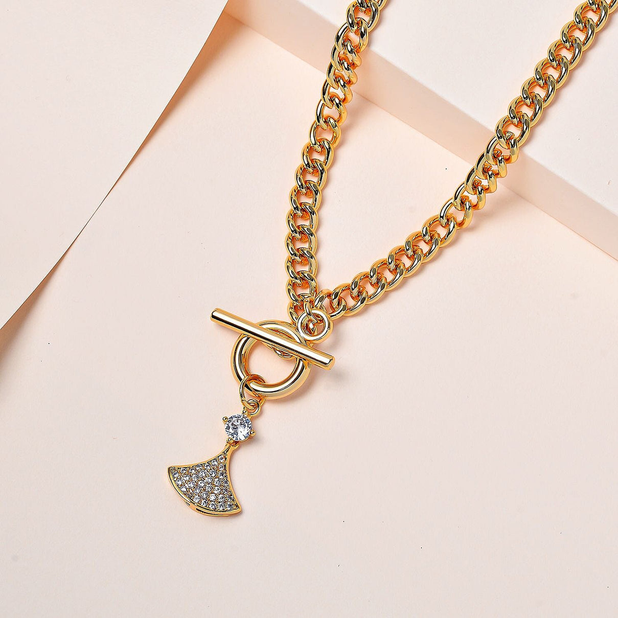 Cubic Zirconia Triangle Necklace (Size - 20) with T-Bar Clasp in Yellow Gold Tone 7606825 1