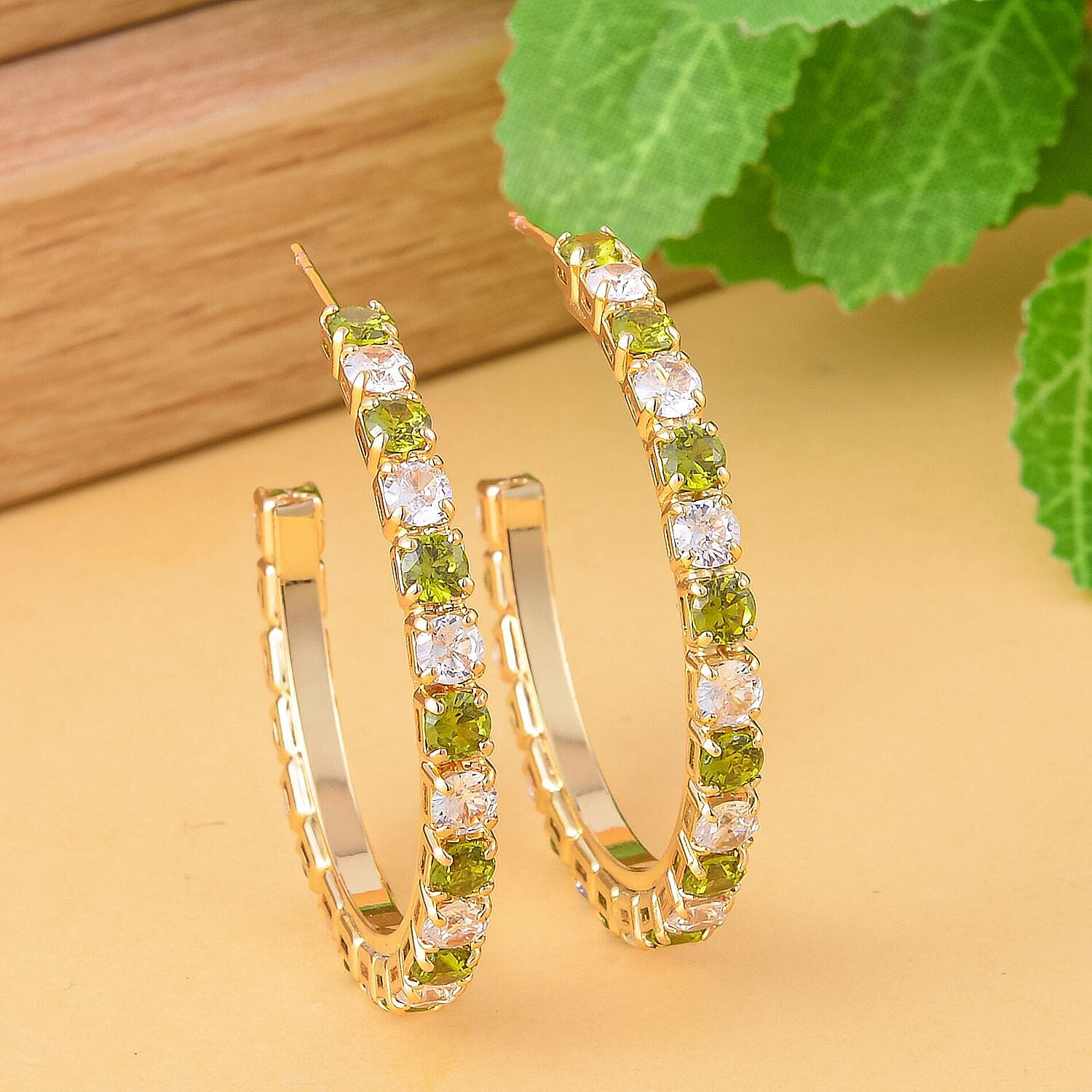 Simulated Diamond and Neon Green Crystal Hoop Earrings ( With Push Back) in Silver Tone 7273088 1