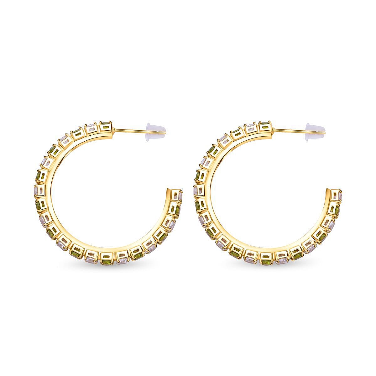 Simulated Diamond and Neon Green Crystal Hoop Earrings ( With Push Back) in Silver Tone 7273088 3