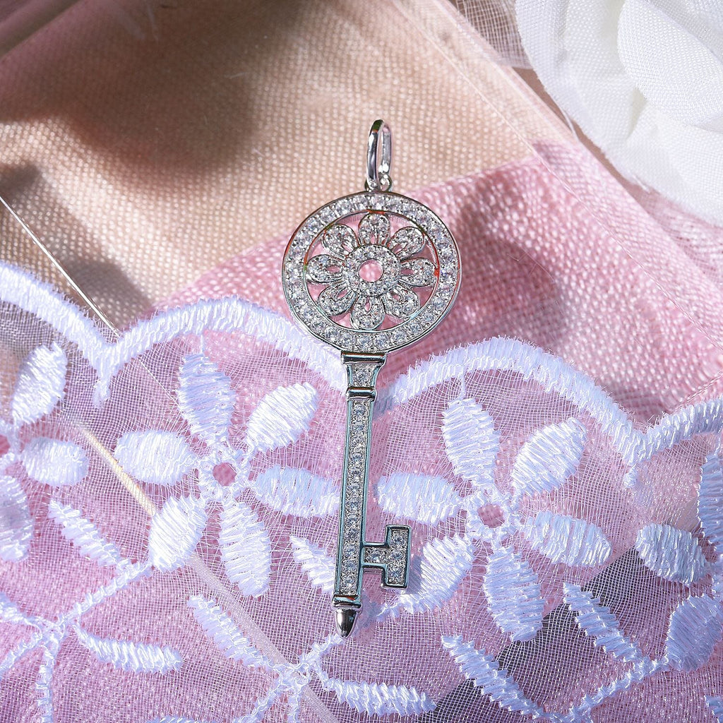 NY Closeout - Zirconia Key Pendant in Rhodium Overlay Sterling Silver