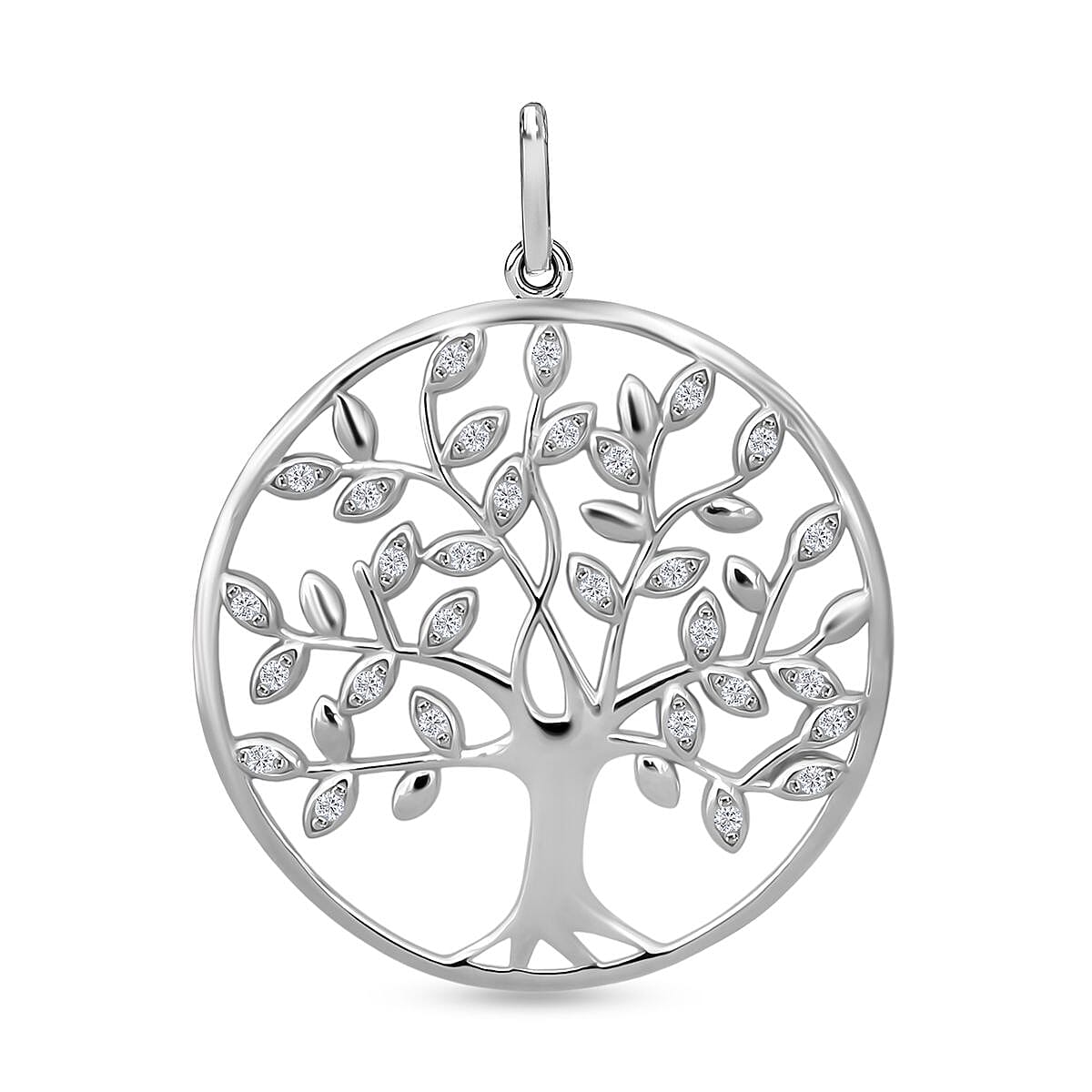 White Cubic Zirconia Tree Of Life Pendant in Rhodium Overlay Sterling Silver 0.34 Ct. 8236736 0
