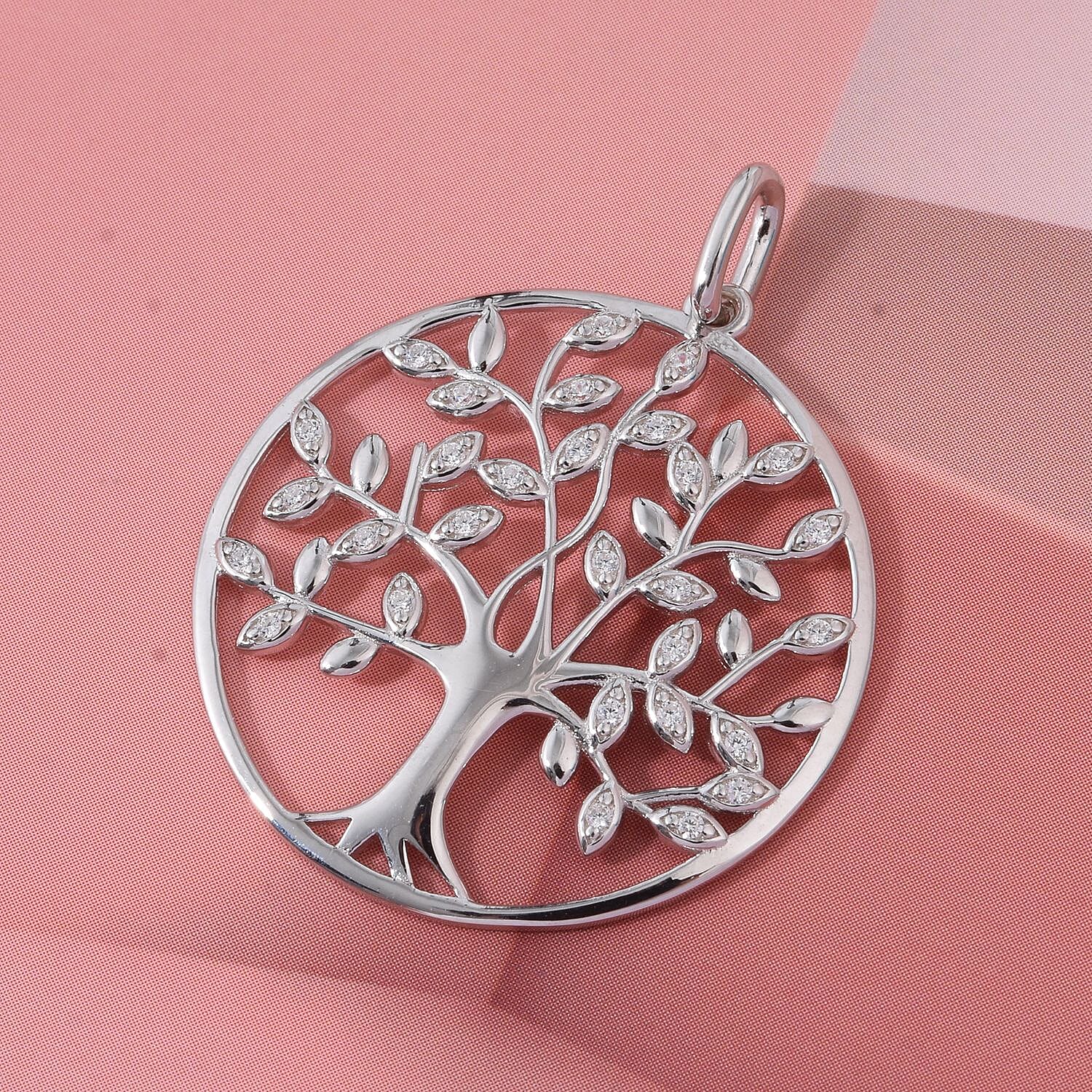 White Cubic Zirconia Tree Of Life Pendant in Rhodium Overlay Sterling Silver 0.34 Ct. 8236736 1