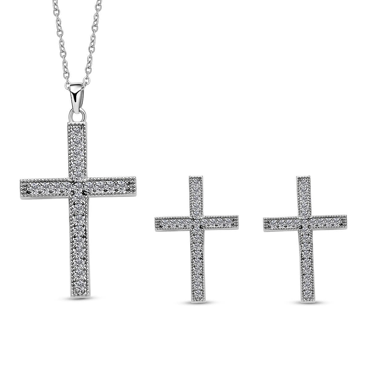 2 Piece Set - Cubic Zirconia Cross Pendant with Chain (Size - 19.5-2 Inch Ext.) and Earrings 4121995 0