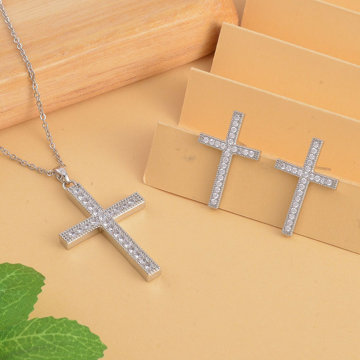 2 Piece Set - Cubic Zirconia Cross Pendant with Chain (Size - 19.5-2 Inch Ext.) and Earrings 4121995 1