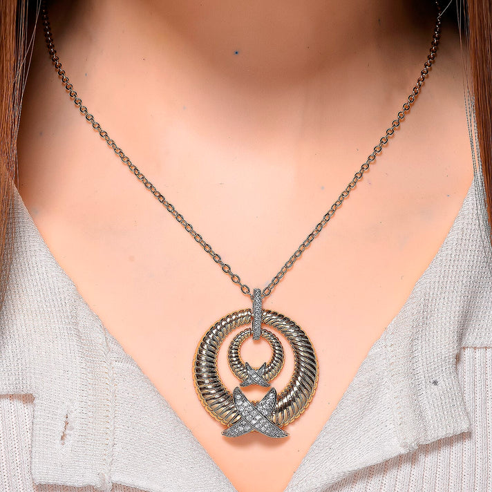Designer Inspired- White Cubic Zirconia Pendant with Chain (Size 20-2 Ext) in White &amp; Yellow Gold Tone 4378693 2