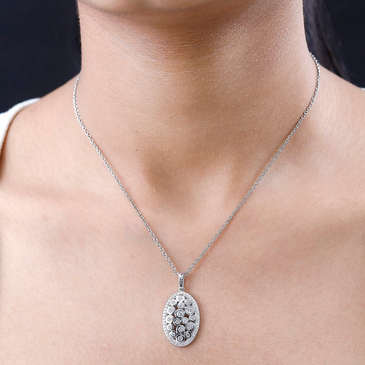 Designer Inspired Cubic Zirconia Platinum Overlay Sterling Silver Oval Locket Pendant with Stainless Steel Chain (Size 20) 4219627 2